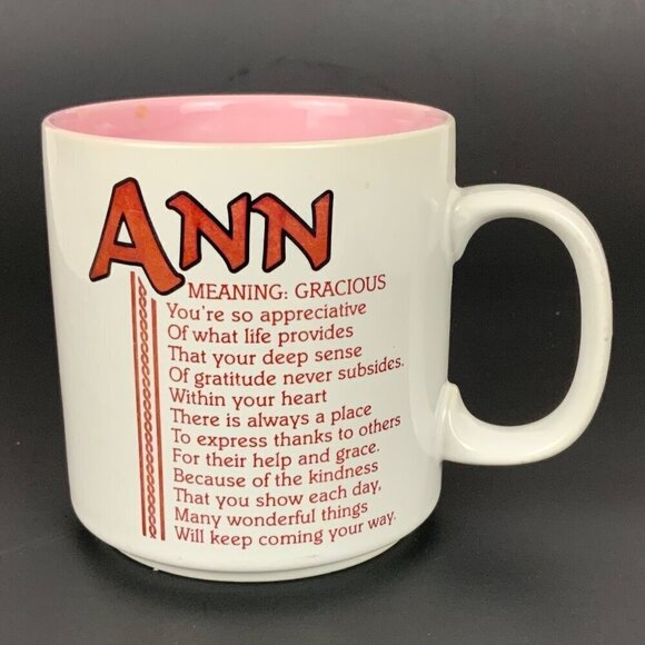 Ann Papel Poetry Name Coffee Mug Cup Ceramic 10 oz White Pink Vintage Gift - Picture 1 of 6